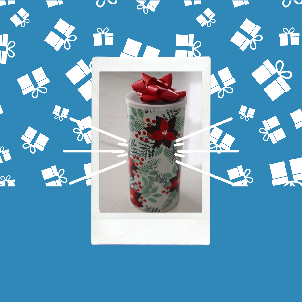 food canister wrapped up in green and red wrapping paper and a red bow on top