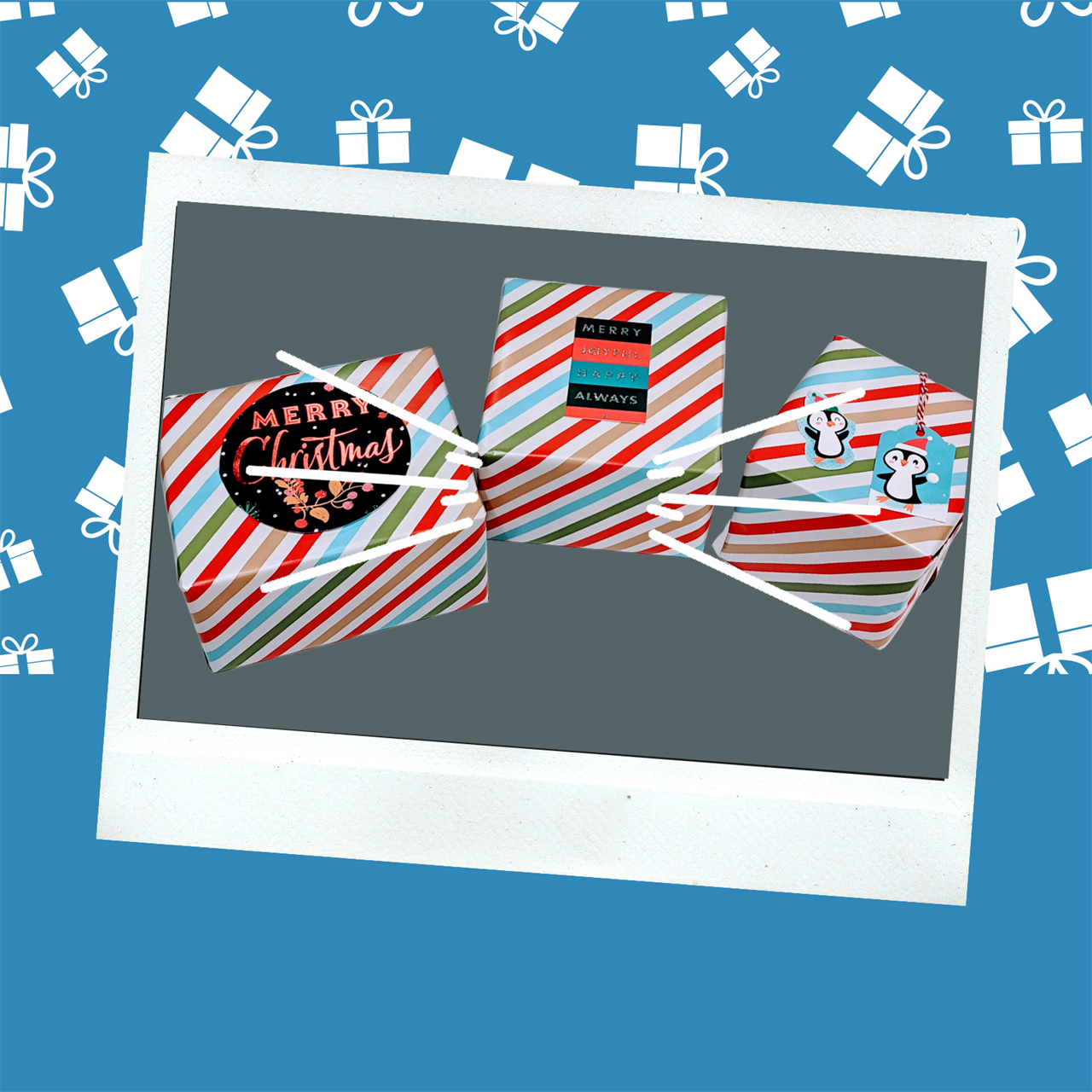 packages wrapped in striped paper with gift tags